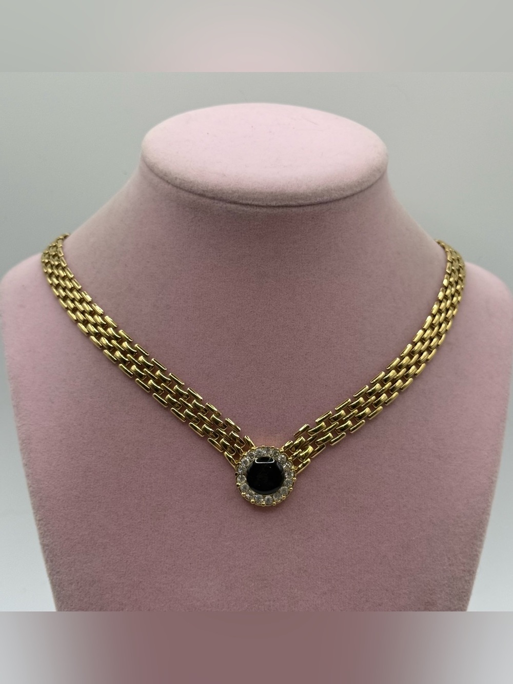 Gold Link Necklace with Black Stone Halo Pendant